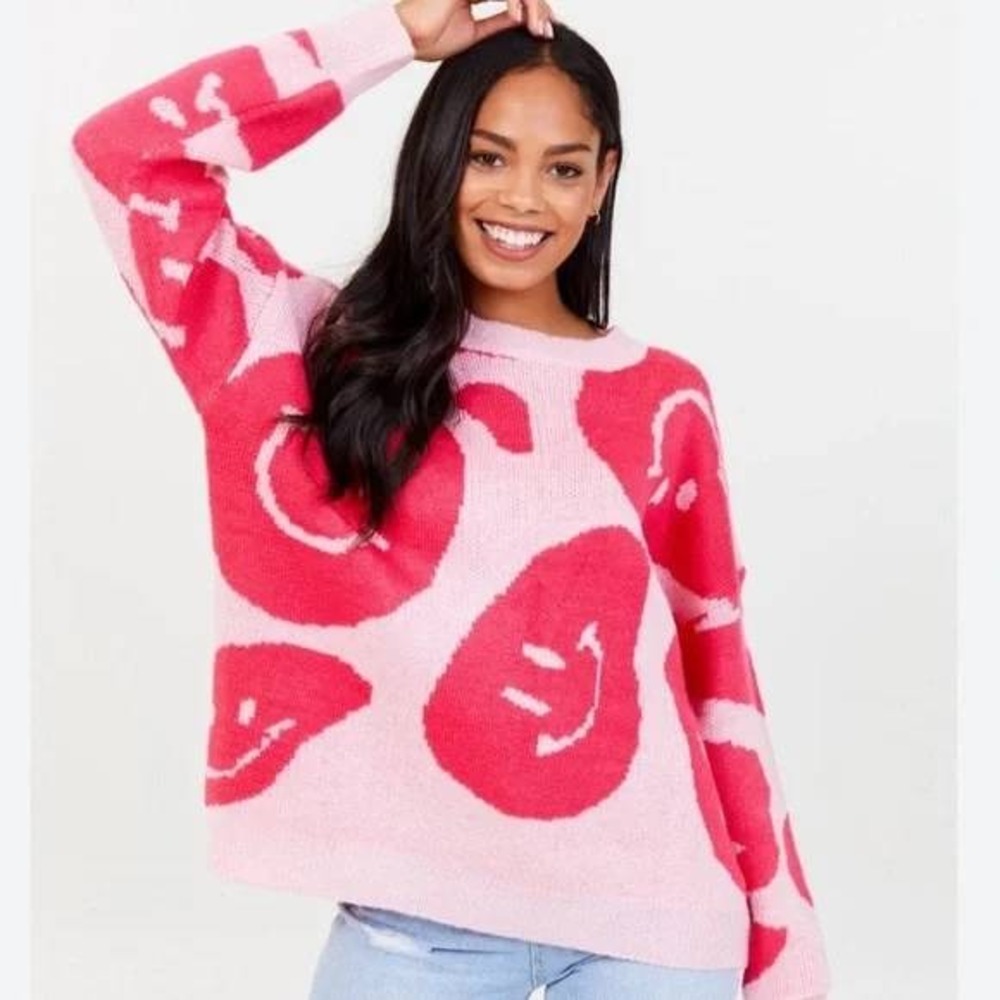 Smiley Face Knit‎ Sweater Altar'd State Red Pink L Kidcore Dopamine Funky Retro